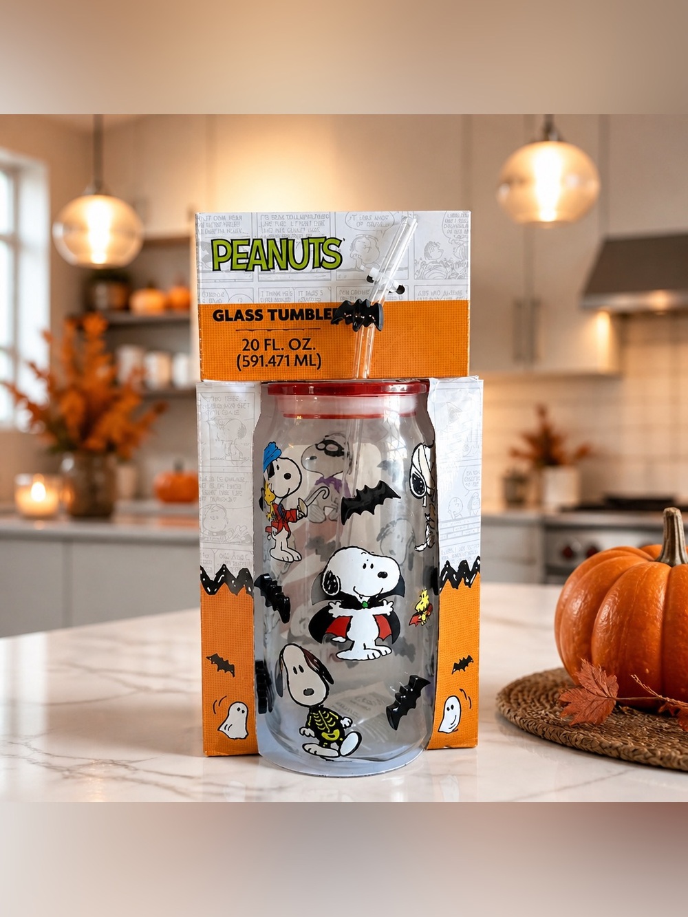 Peanuts Snoopy Halloween Glass Tumbler 20 oz with Straw New